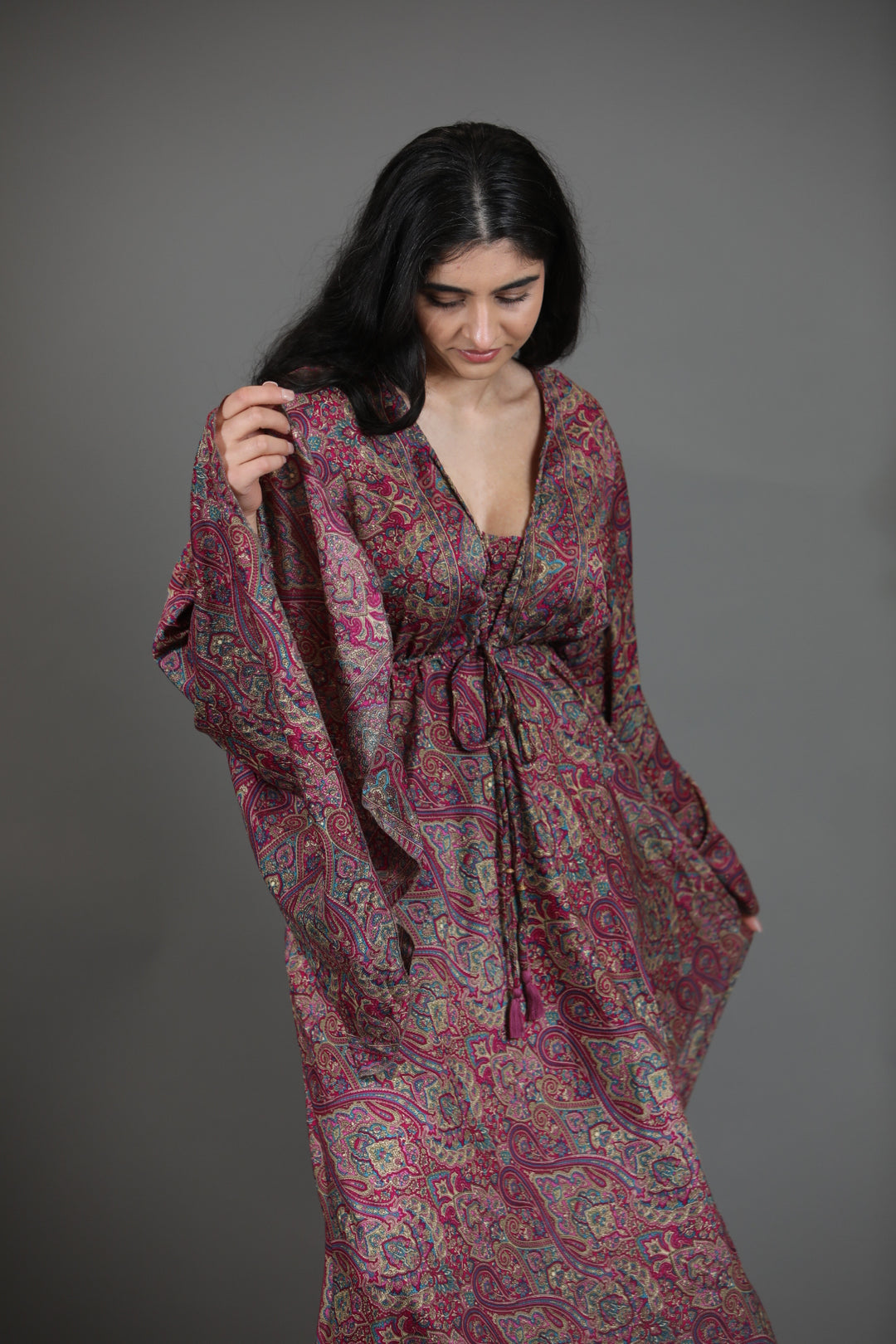 Upcycled Indian Silk Saree Maxi Dress with Bell Sleeves
