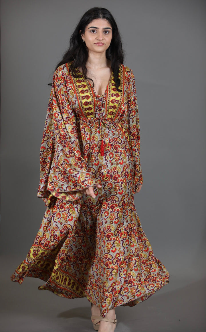 Upcycled Indian Silk Saree Maxi Dress with Bell Sleeves
