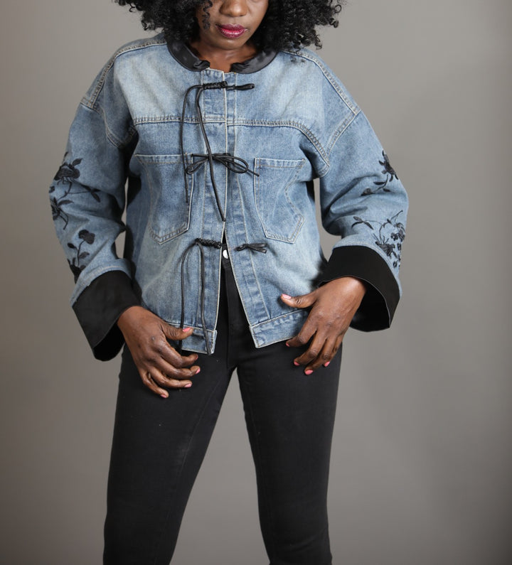 Denim Jacket with Black Embroidery
