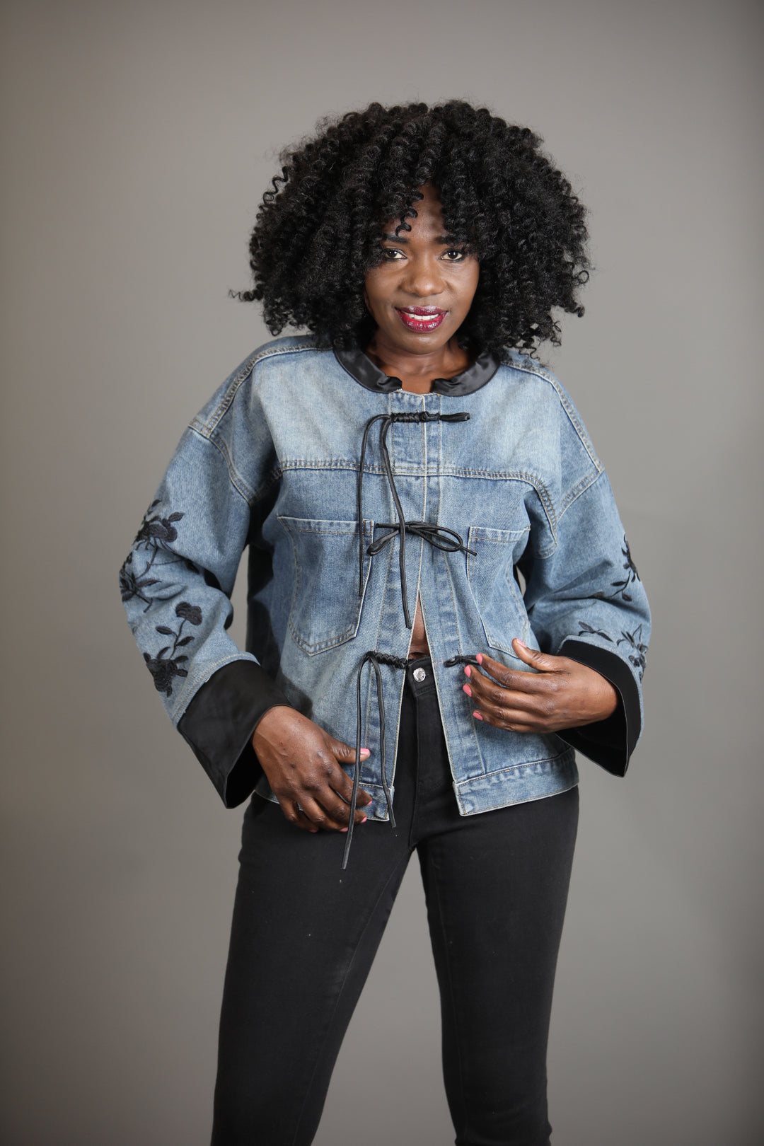 Denim Jacket with Black Embroidery