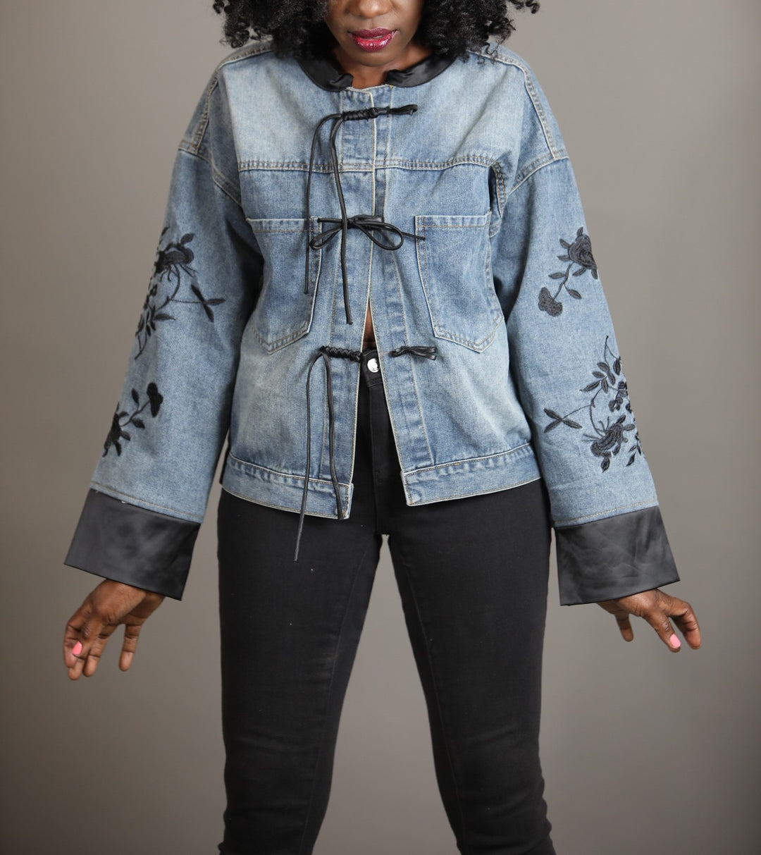 Denim Jacket with Black Embroidery