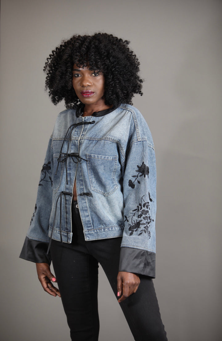 Denim Jacket with Black Embroidery