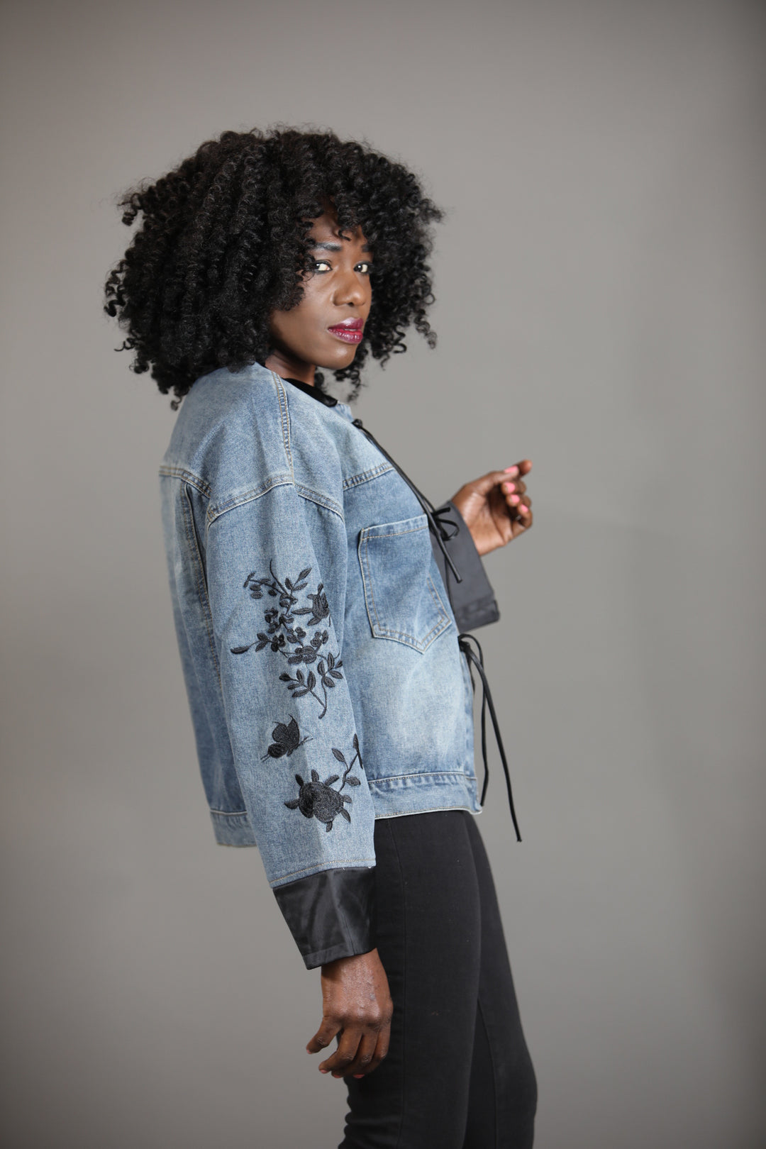 Denim Jacket with Black Embroidery