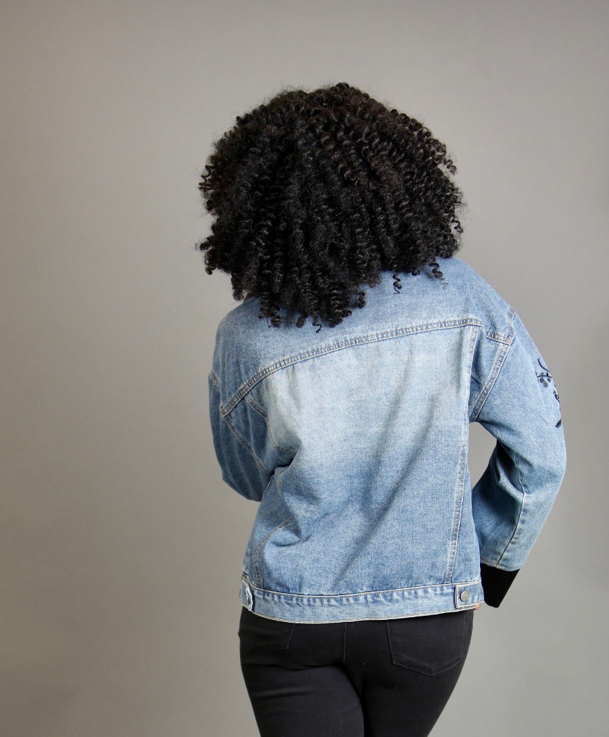 Denim Jacket with Black Embroidery