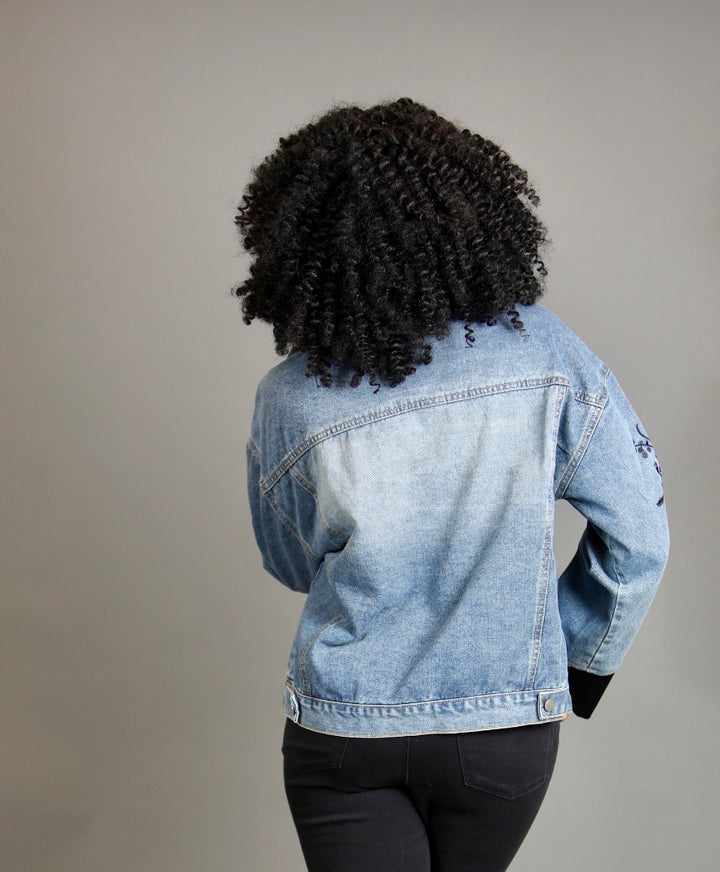 Denim Jacket with Black Embroidery