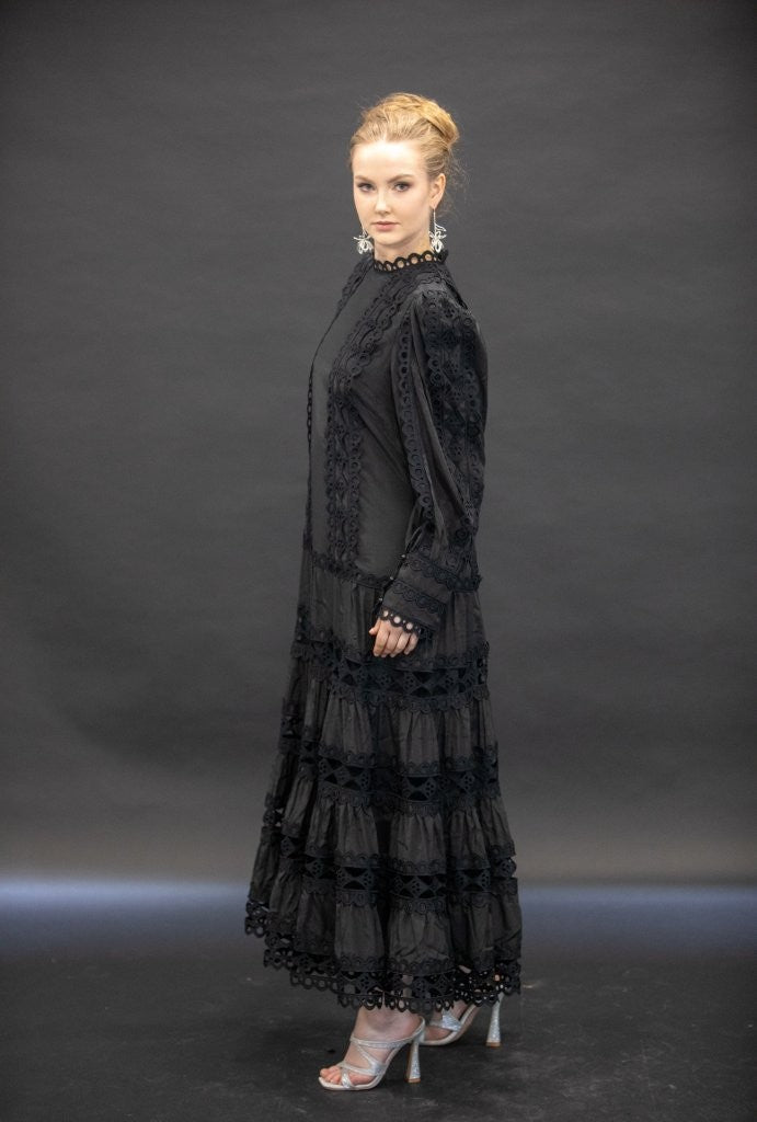 Black Crepe Silk Lace Maxi Dress