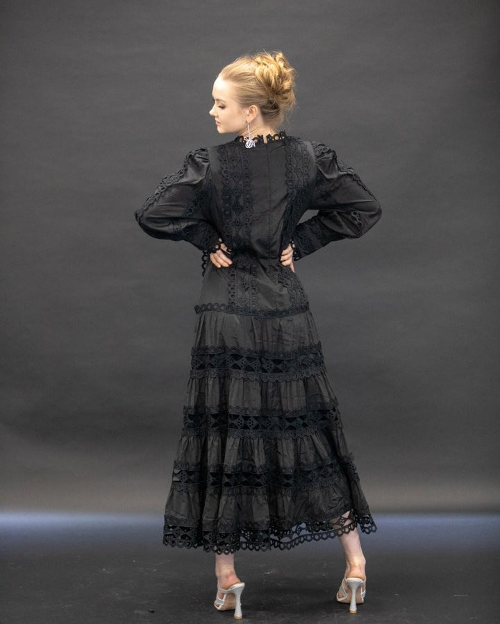 Black Crepe Silk Lace Maxi Dress