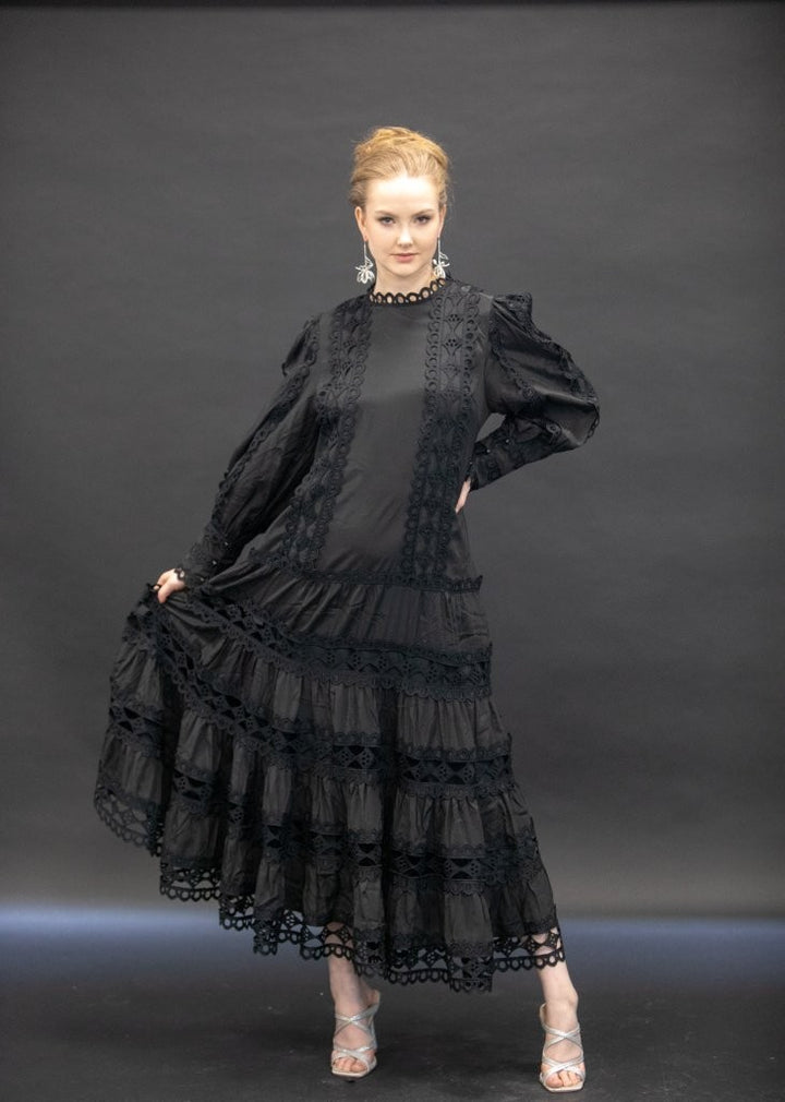 Black Crepe Silk Lace Maxi Dress
