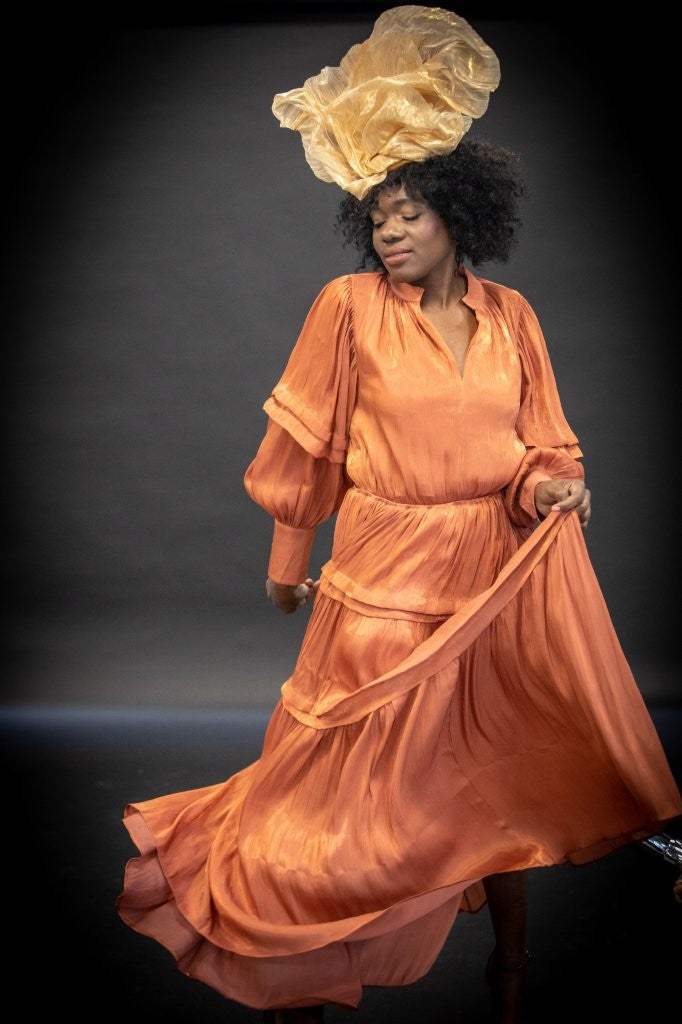 Ethereal Brick Orange Pleated Chiffon Maxi Dress