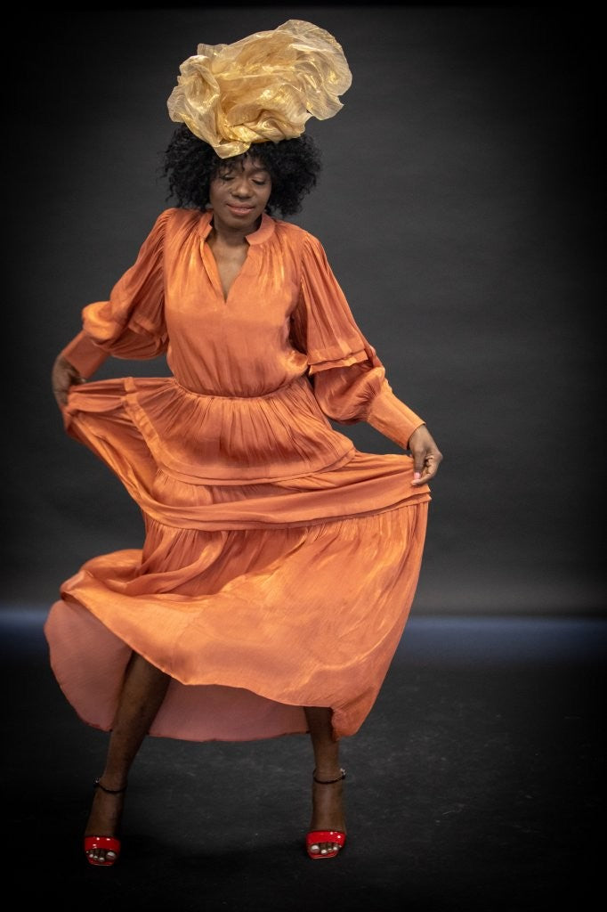 Ethereal Brick Orange Pleated Chiffon Maxi Dress