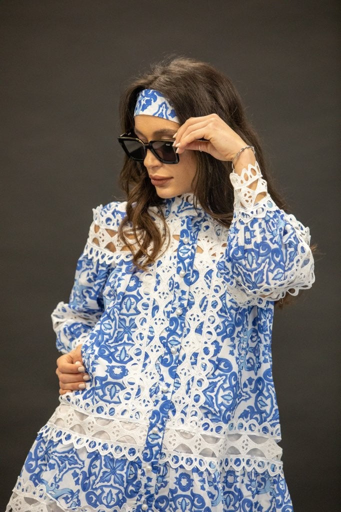 Blue & White Lace Mini Dress
