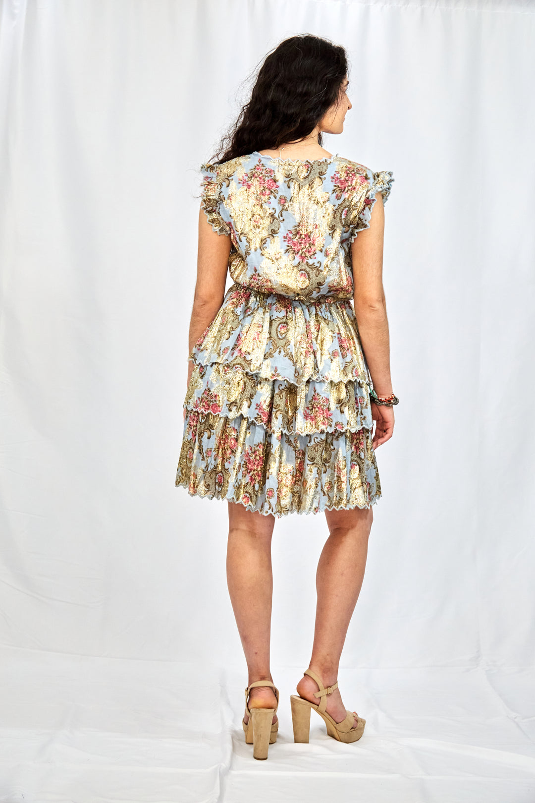 Grey Cotton Jacquard Dress with Gold Leaf Weave in Print - Vz Collection