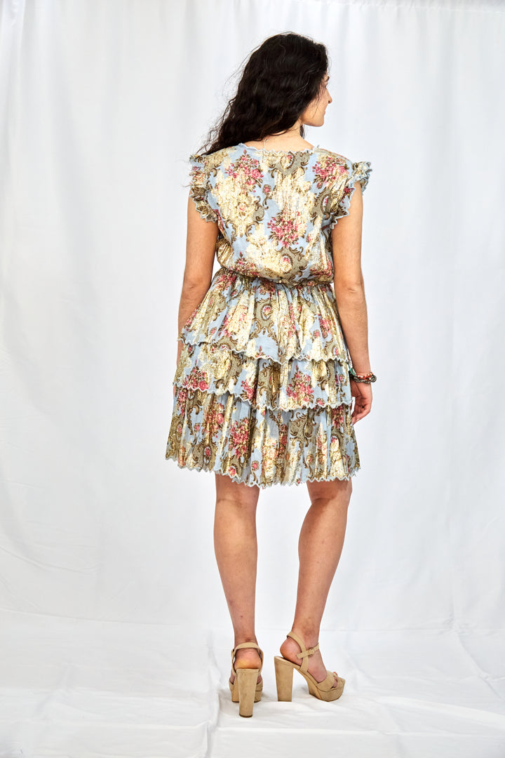Grey Cotton Jacquard Dress with Gold Leaf Weave in Print - Vz Collection
