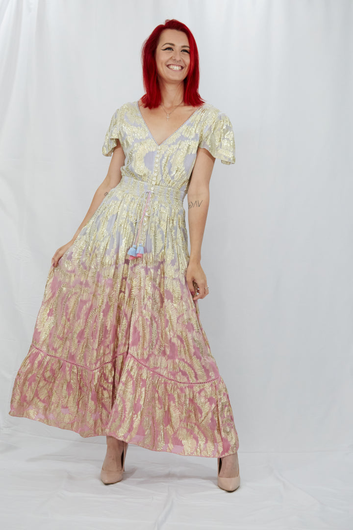 Georgette Gold Leaf Weave Summer Dress in Ombre Lilac and Pink - Vz Collection