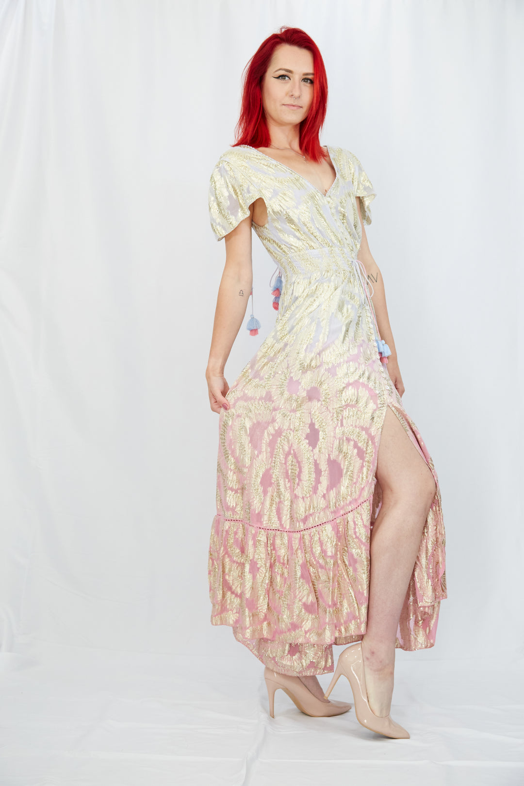 Georgette Gold Leaf Weave Summer Dress in Ombre Lilac and Pink - Vz Collection
