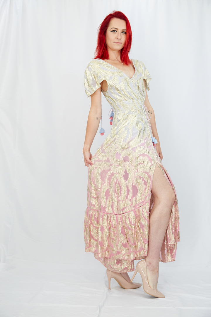 Georgette Gold Leaf Weave Summer Dress in Ombre Lilac and Pink - Vz Collection