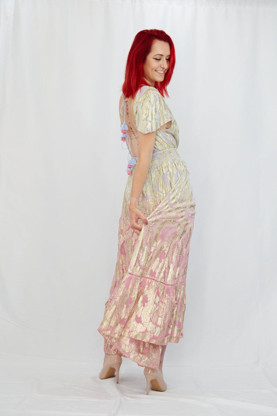 Georgette Gold Leaf Weave Summer Dress in Ombre Lilac and Pink - Vz Collection
