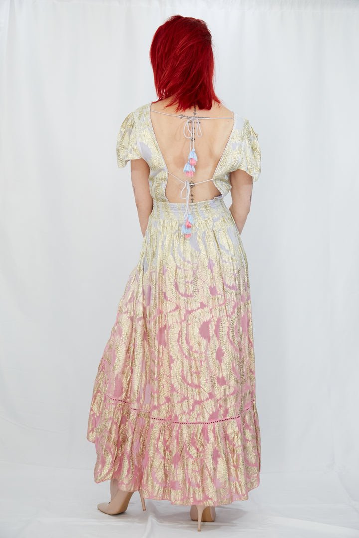 Georgette Gold Leaf Weave Summer Dress in Ombre Lilac and Pink - Vz Collection