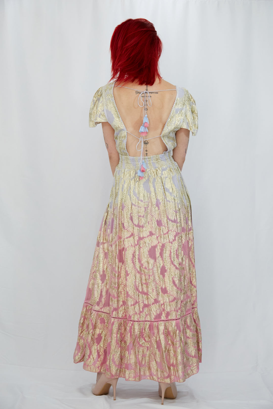 Georgette Gold Leaf Weave Summer Dress in Ombre Lilac and Pink - Vz Collection