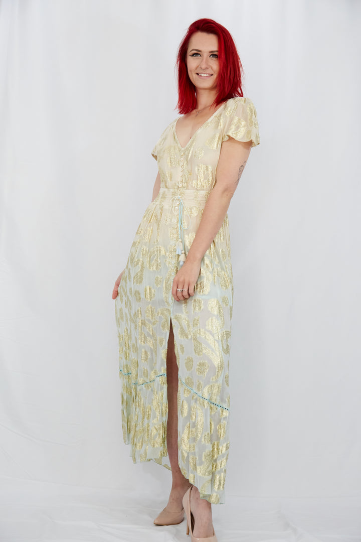 Georgette Gold Leaf Weave Summer Dress in Ombre Nude and Aqua - Vz Collection