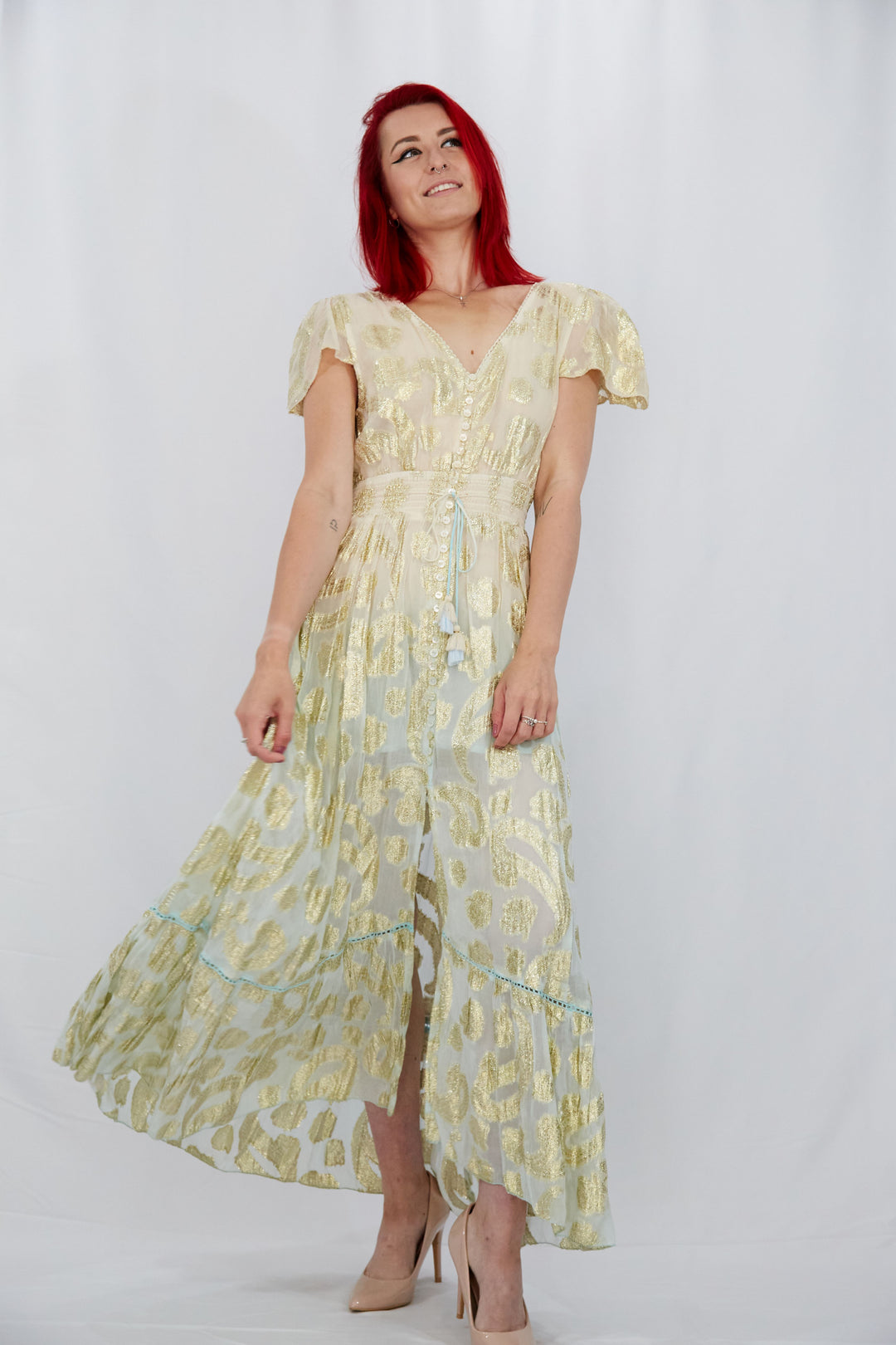 Georgette Gold Leaf Weave Summer Dress in Ombre Nude and Aqua - Vz Collection