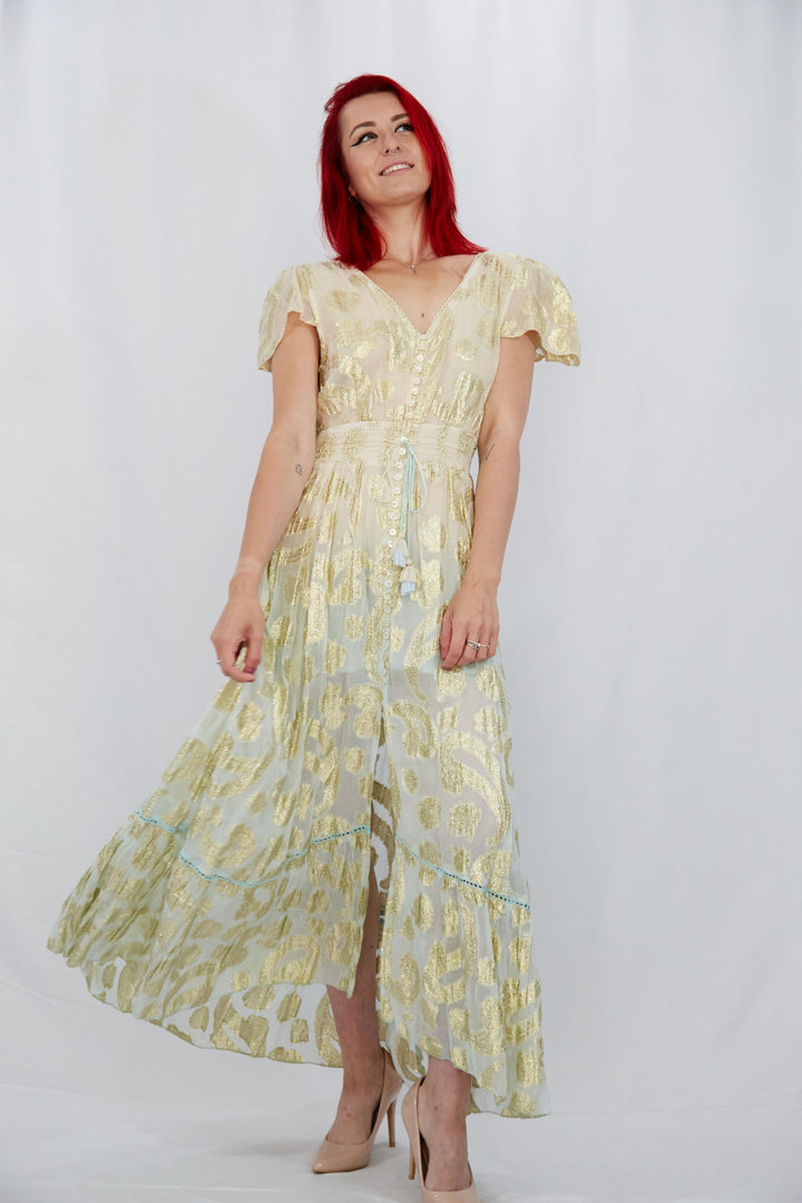 Georgette Gold Leaf Weave Summer Dress in Ombre Nude and Aqua - Vz Collection