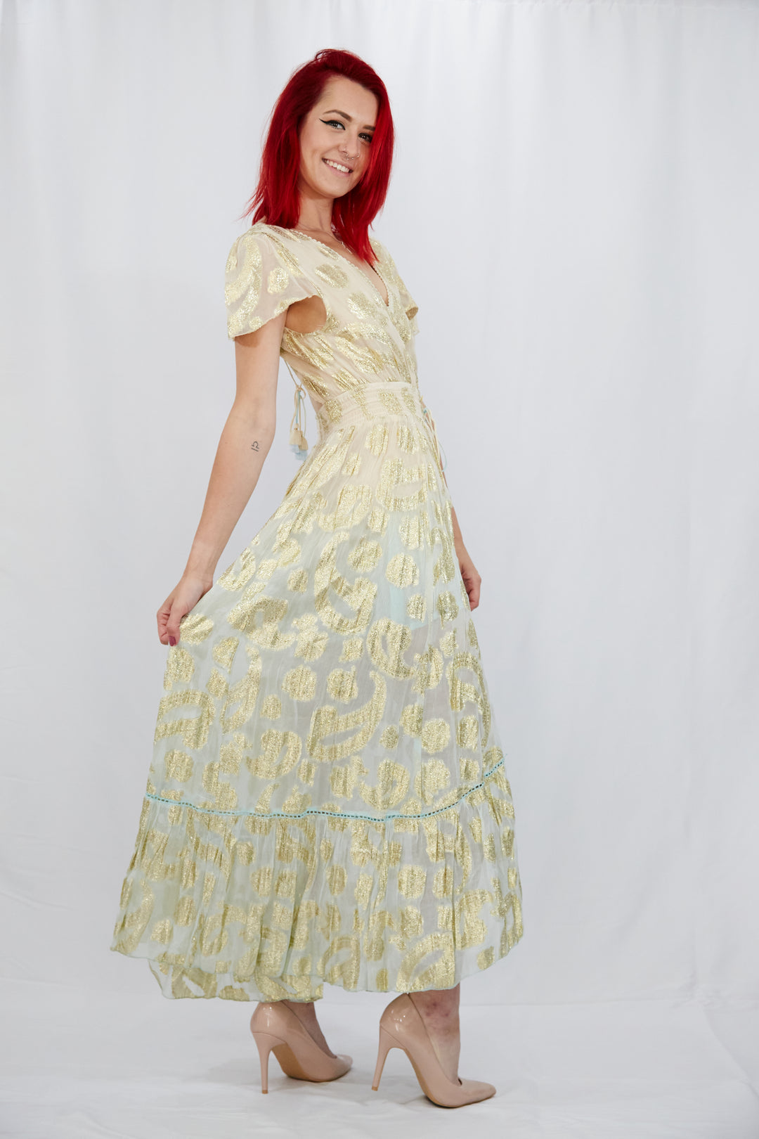 Georgette Gold Leaf Weave Summer Dress in Ombre Nude and Aqua - Vz Collection