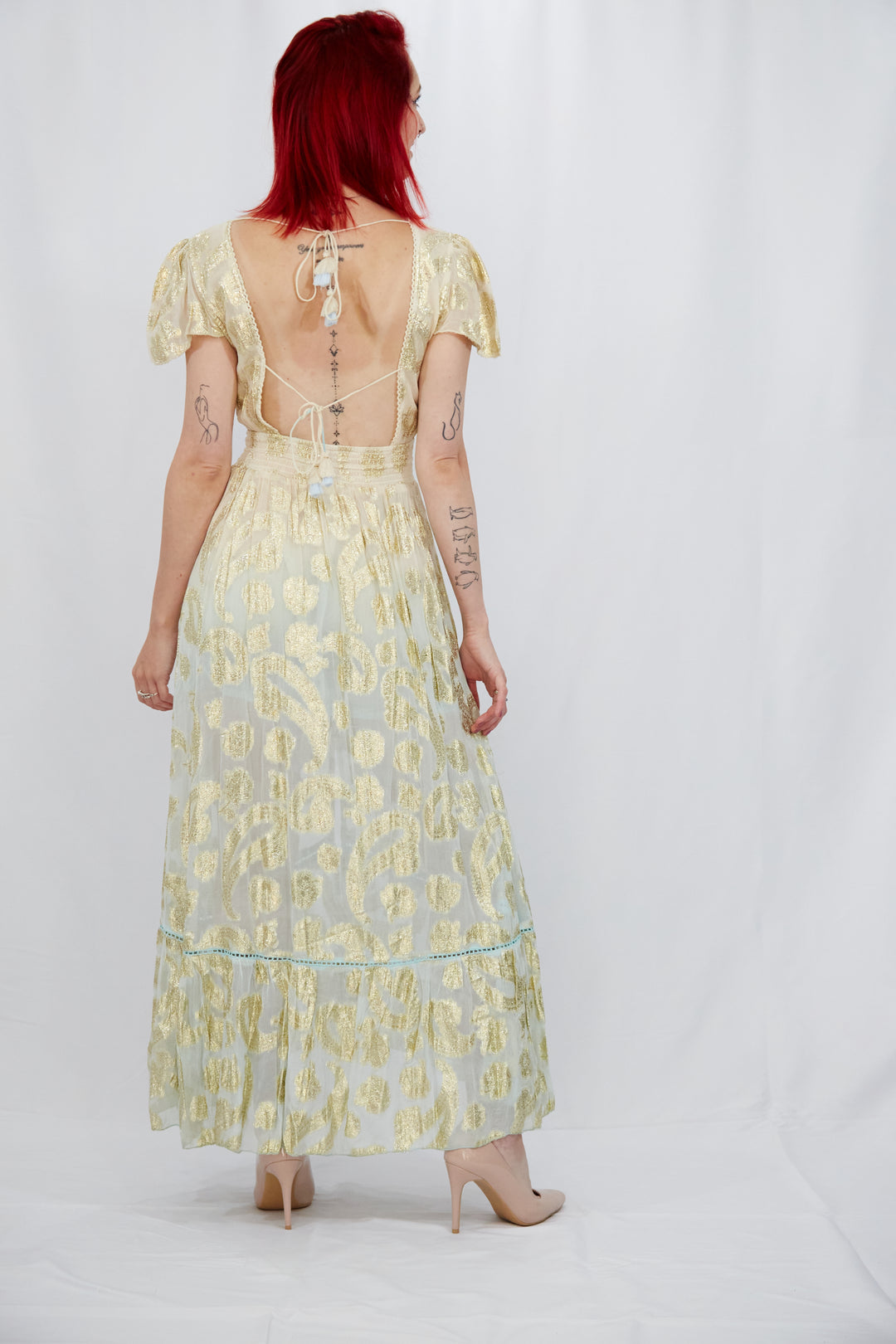 Georgette Gold Leaf Weave Summer Dress in Ombre Nude and Aqua - Vz Collection