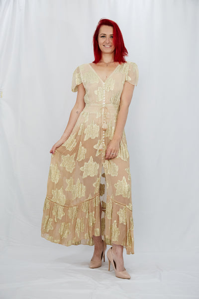 Georgette Gold Leaf Weave Summer Dress in Ombre Nude - Vz Collection