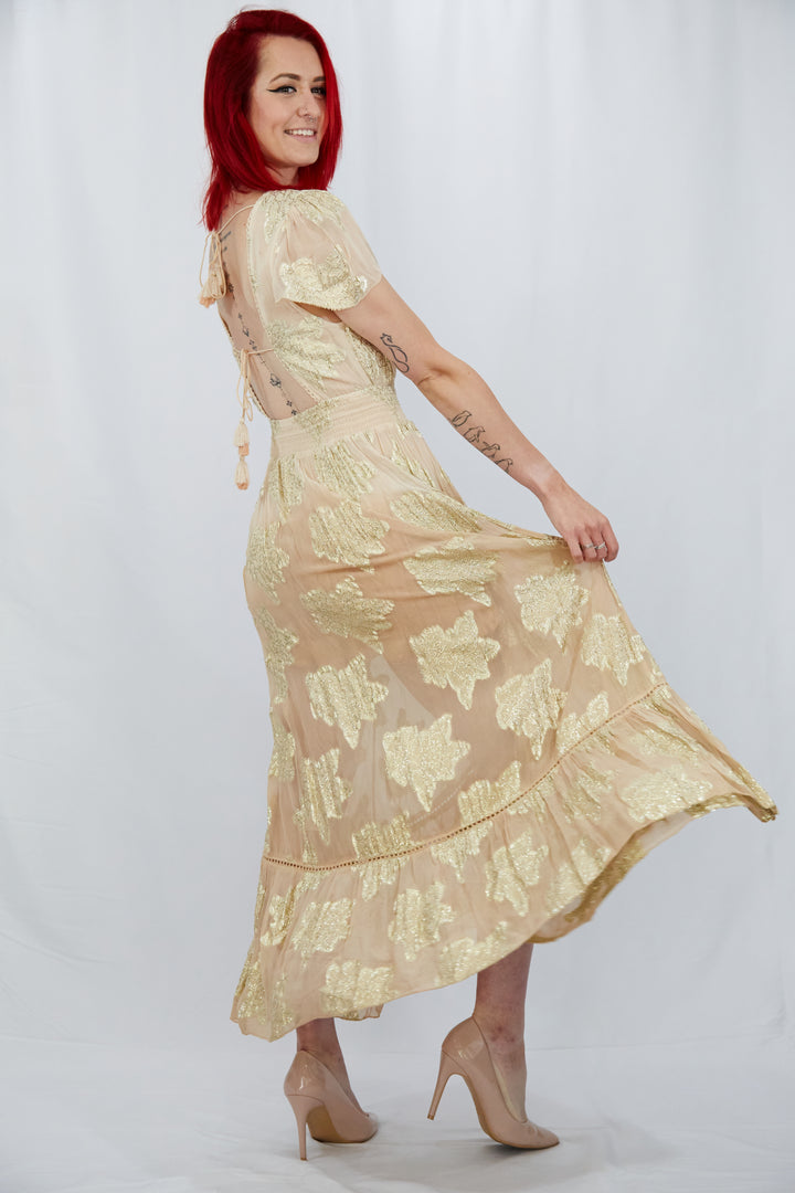 Georgette Gold Leaf Weave Summer Dress in Ombre Nude - Vz Collection