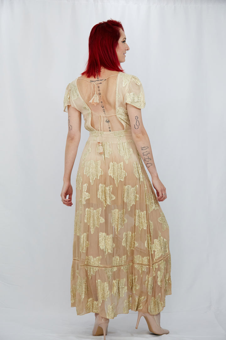 Georgette Gold Leaf Weave Summer Dress in Ombre Nude - Vz Collection