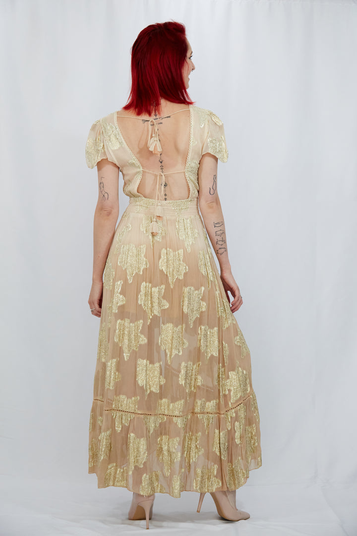 Georgette Gold Leaf Weave Summer Dress in Ombre Nude - Vz Collection