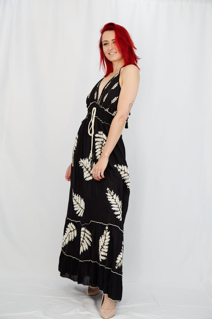 Halter Neck Black Cotton Maxi Dress - Vz Collection