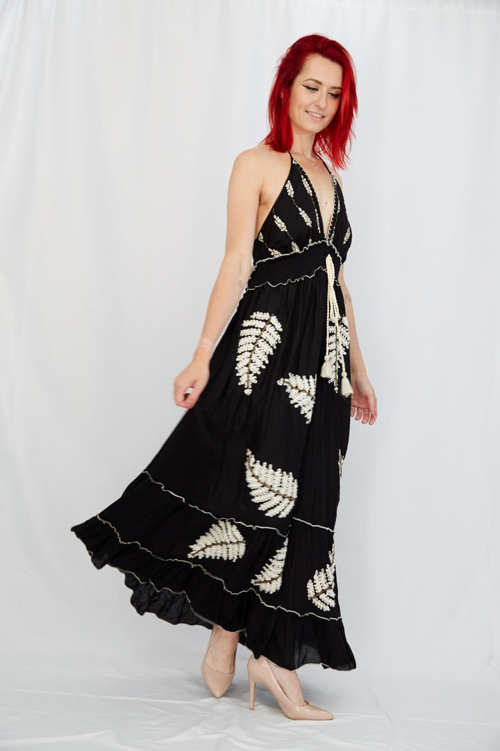 Halter Neck Black Cotton Maxi Dress - Vz Collection