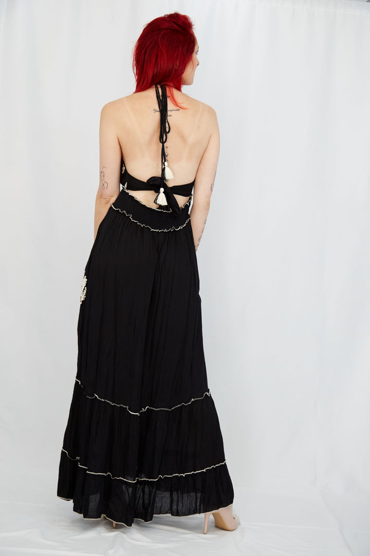 Halter Neck Black Cotton Maxi Dress - Vz Collection