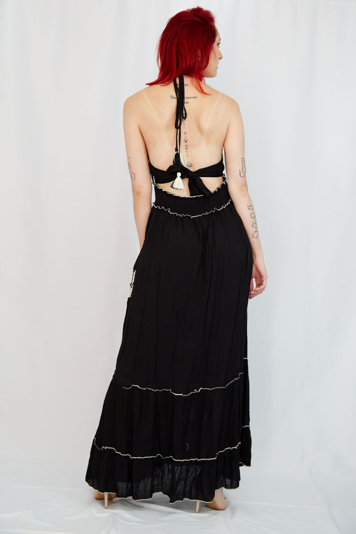 Halter Neck Black Cotton Maxi Dress - Vz Collection