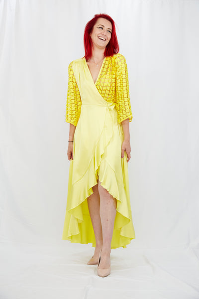 Yellow Wrap Dress in Silk-Satin - Vz Collection
