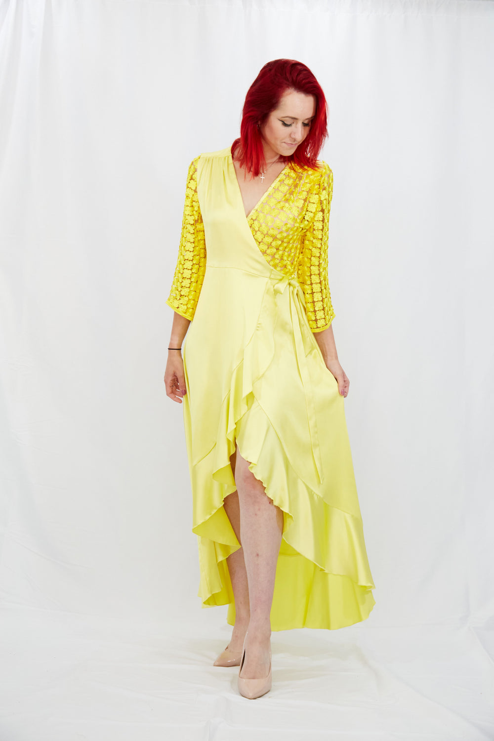 Yellow Wrap Dress in Silk-Satin - Vz Collection