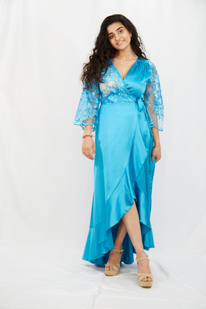 Turquoise wrap dress in Silk-Satin - Vz Collection
