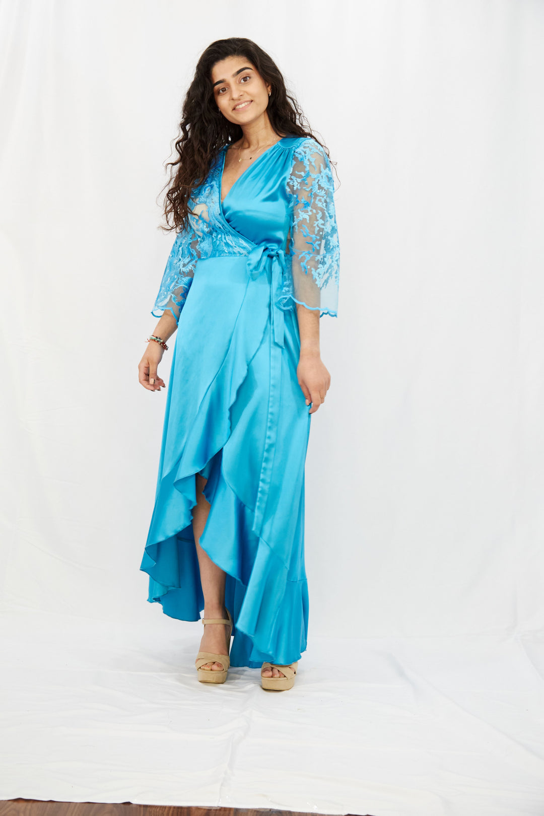 Turquoise wrap dress in Silk-Satin - Vz Collection