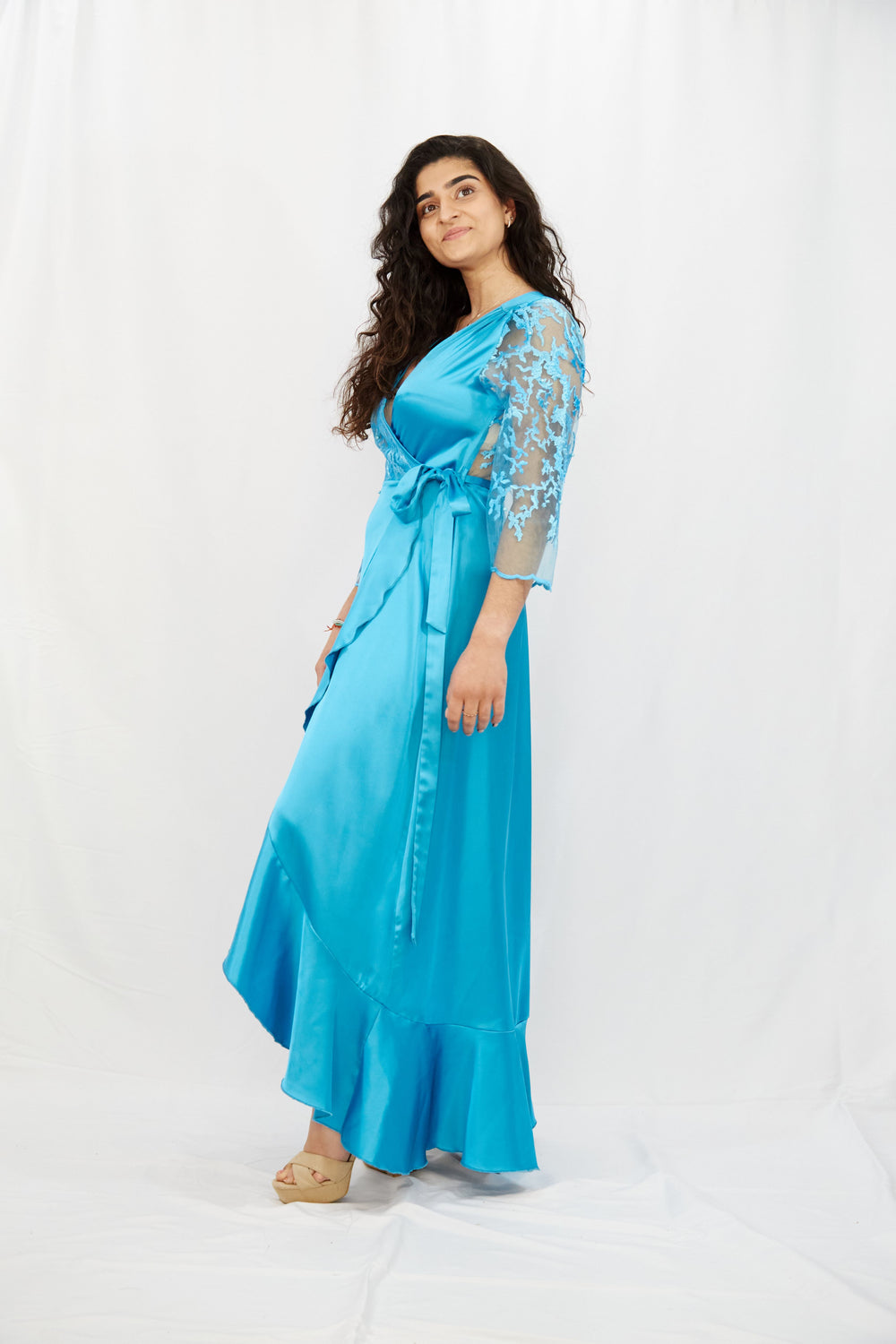 Turquoise wrap dress in Silk-Satin - Vz Collection