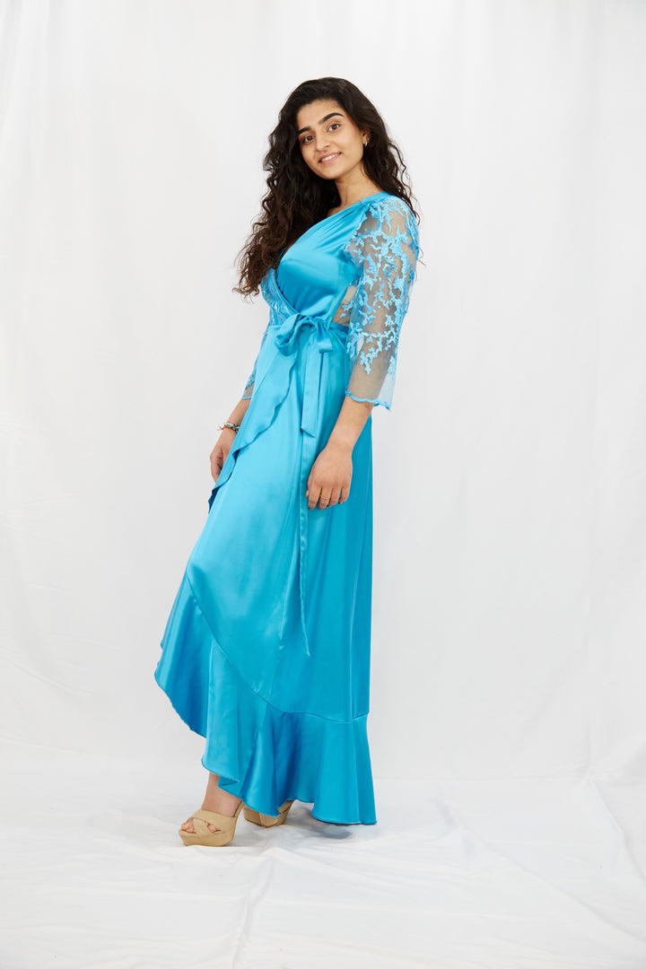Turquoise wrap dress in Silk-Satin - Vz Collection