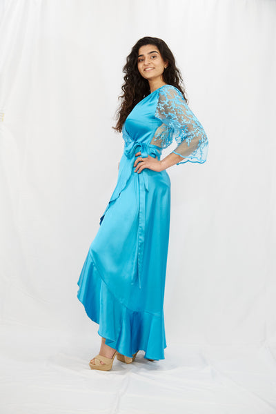 Turquoise wrap dress in Silk-Satin - Vz Collection