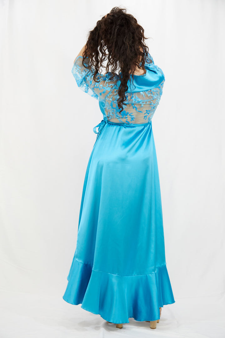 Turquoise wrap dress in Silk-Satin - Vz Collection