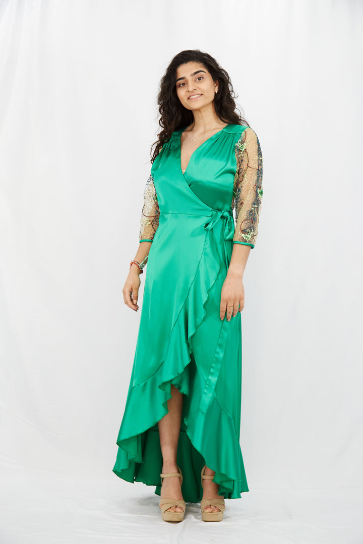 Emerald Green Wrap Dress in Silk-Satin - Vz Collection