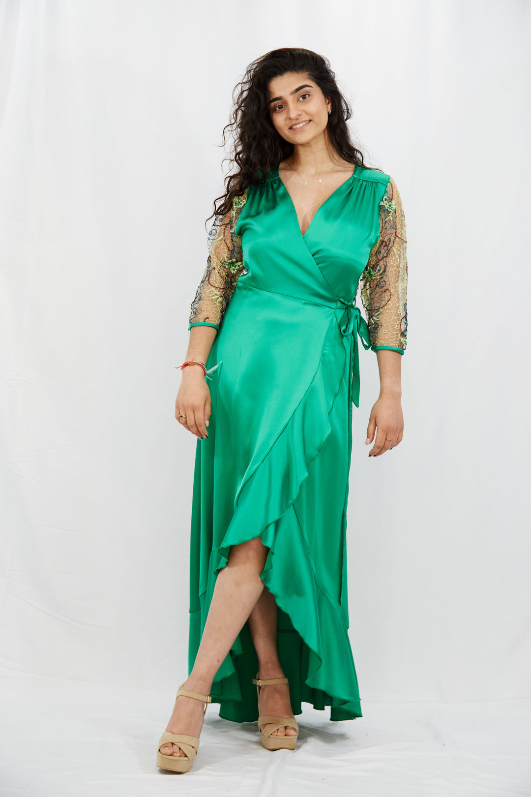 Emerald Green Wrap Dress in Silk-Satin - Vz Collection