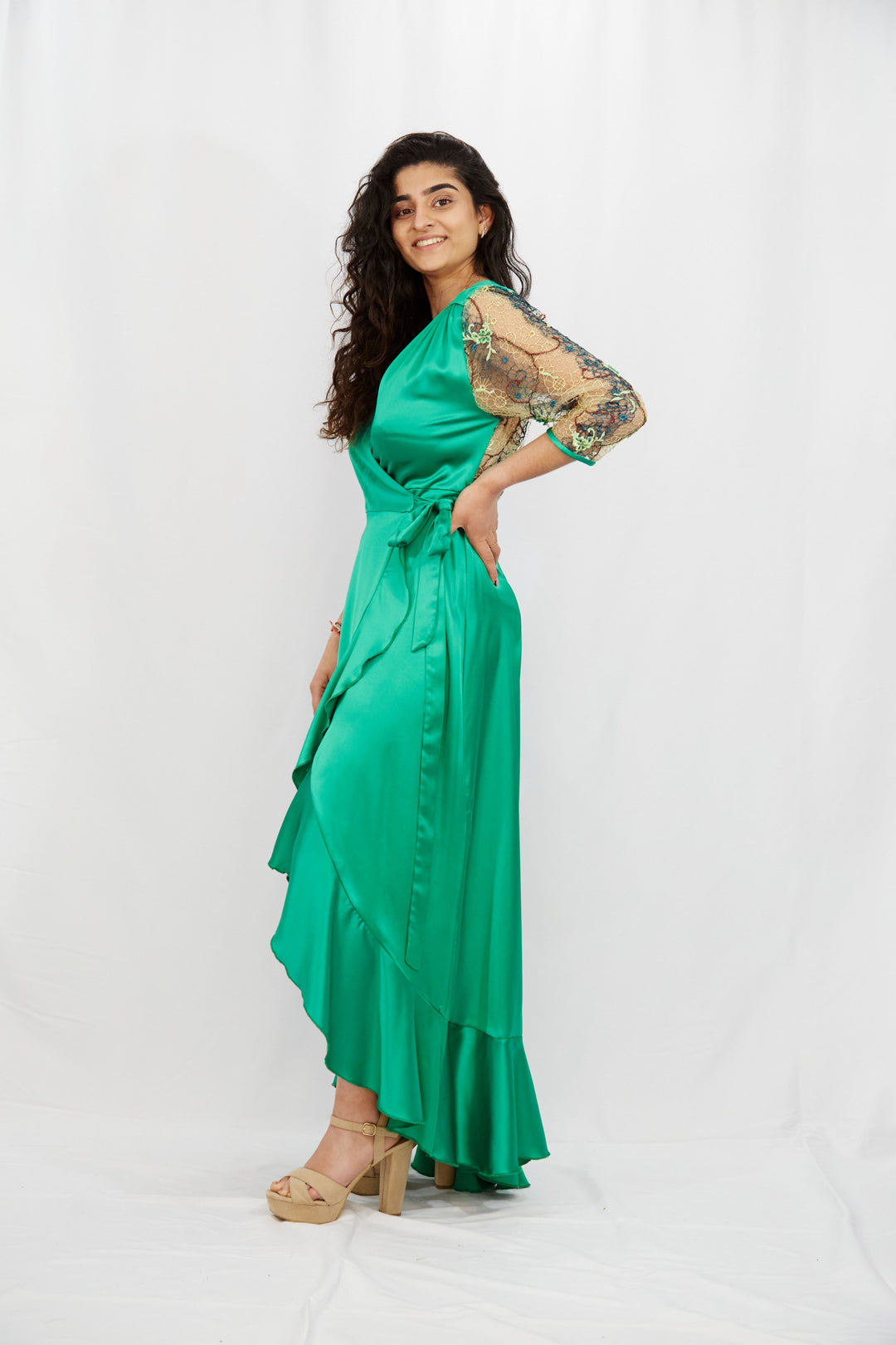 Emerald Green Wrap Dress in Silk-Satin - Vz Collection