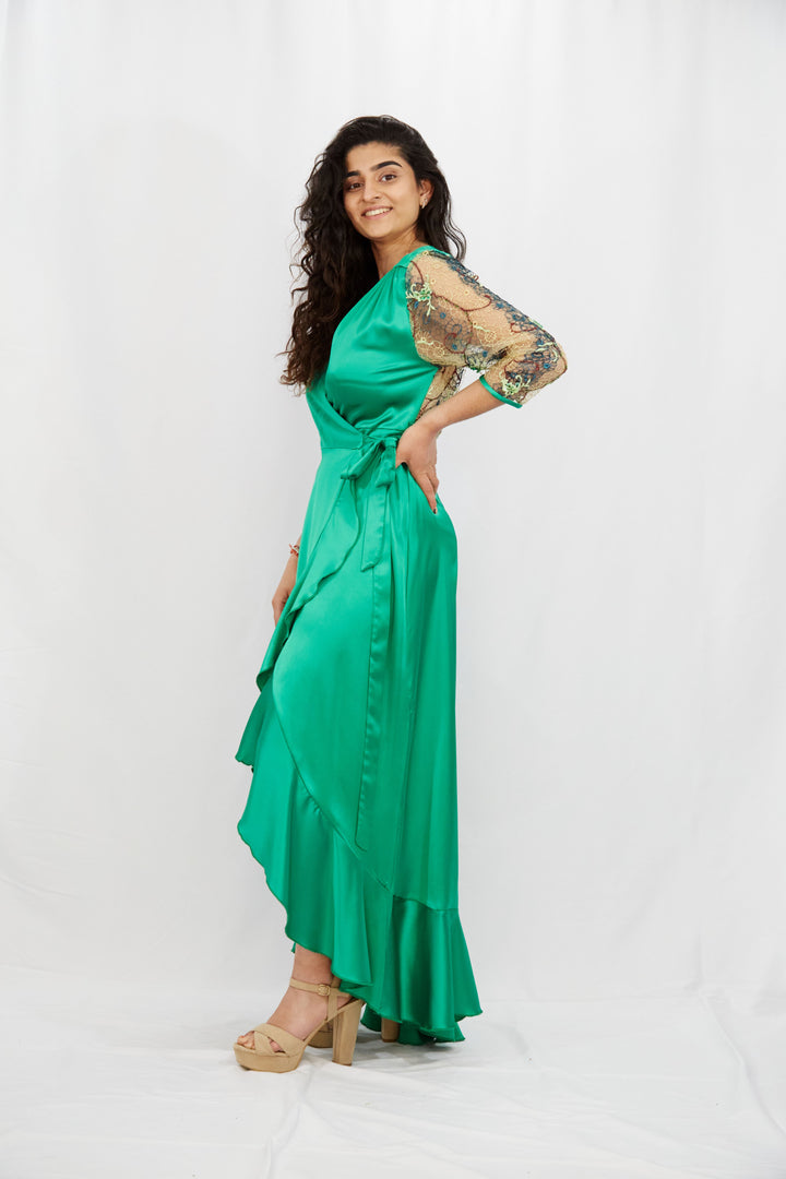 Emerald Green Wrap Dress in Silk-Satin - Vz Collection