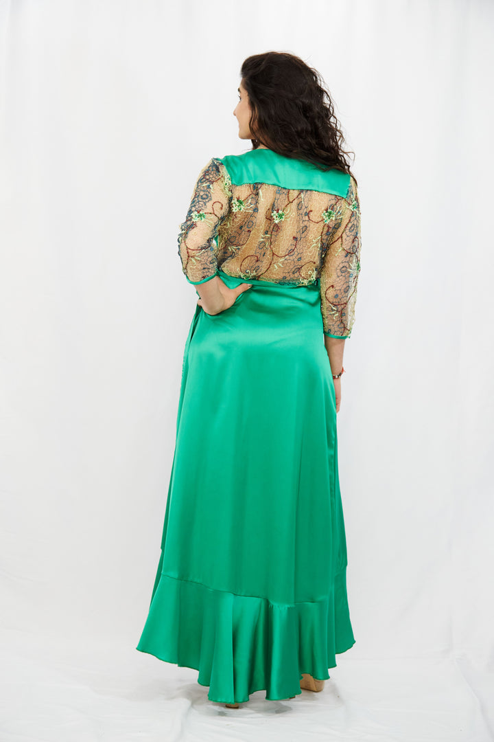 Emerald Green Wrap Dress in Silk-Satin - Vz Collection