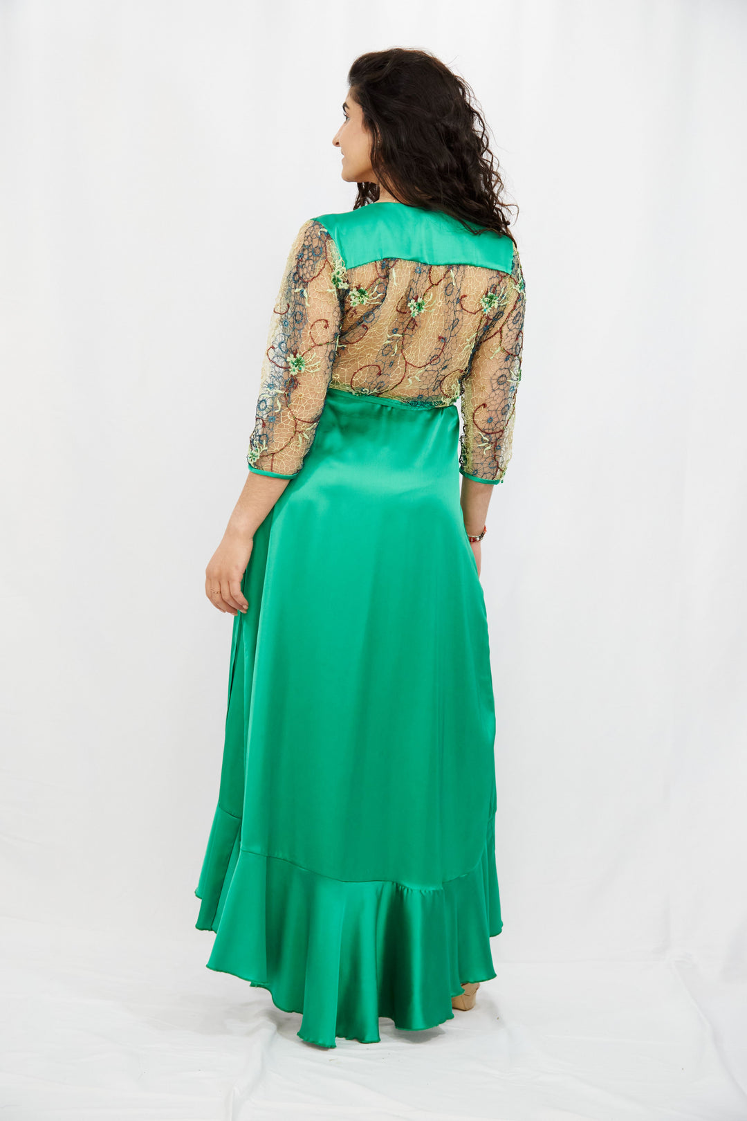 Emerald Green Wrap Dress in Silk-Satin - Vz Collection